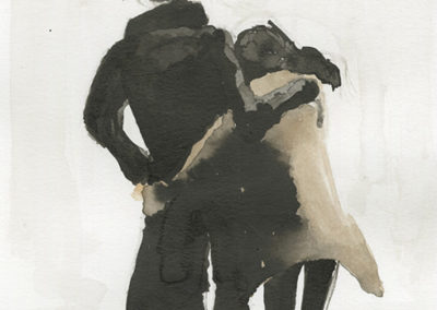 Aquarelle représentant un couple de dos s’enlaçant. Ils portent des manteaux d'hiver. Artiste, Martes Martes. Lieu, Berne.
