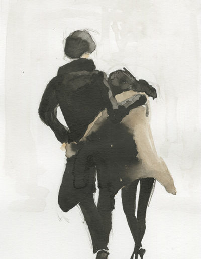 Aquarelle représentant un couple de dos s’enlaçant. Ils portent des manteaux d'hiver. Artiste, Martes Martes. Lieu, Berne.