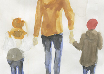 Aquarelle représentant une famille de dos, un papa avec ses deux enfants. Artiste, Martes Martes. Lieu, Berne.