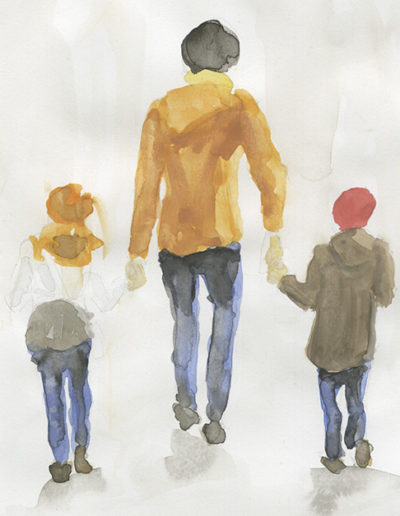Aquarelle représentant une famille de dos, un papa avec ses deux enfants. Artiste, Martes Martes. Lieu, Berne.
