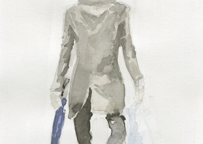 Aquarelle représentant un homme de dos avec un parapluie et un manteau élégant. Artiste, Martes Martes. Lieu, Berne.