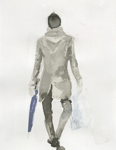 Aquarelle représentant un homme de dos avec un parapluie et un manteau élégant. Artiste, Martes Martes. Lieu, Berne.