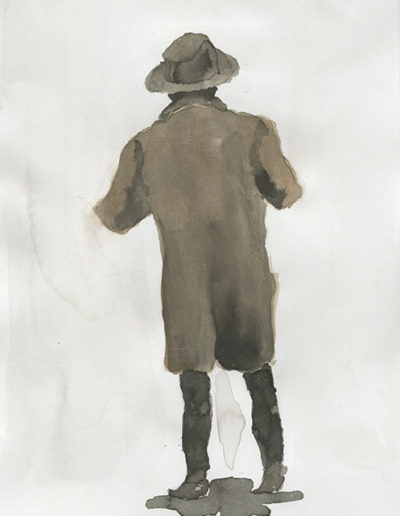 Aquarelle représentant un homme de dos avec un chapeau et un manteau brun. Artiste, Martes Martes. Lieu, Berne.