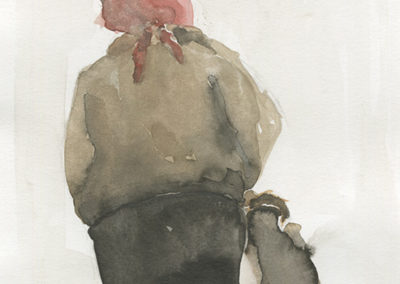Aquarelle représentant une femme âgée de dos avec un foulard et un sac à main. Artiste, Martes Martes. Lieu, Berne.