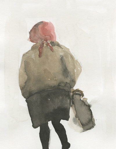 Aquarelle représentant une femme âgée de dos avec un foulard et un sac à main. Artiste, Martes Martes. Lieu, Berne.