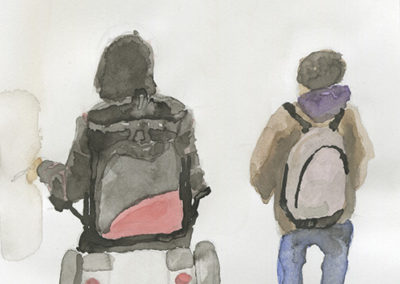 Aquarelle représentant une personne en chaise roulante et un enfant de dos.. Artiste, Martes Martes. Lieu, Berne.