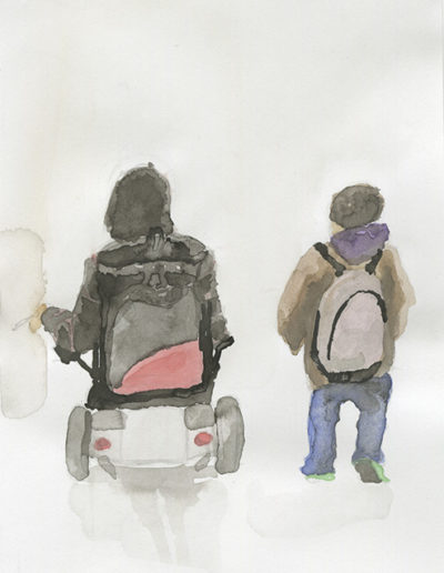 Aquarelle représentant une personne en chaise roulante et un enfant de dos.. Artiste, Martes Martes. Lieu, Berne.