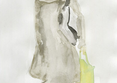 Aquarelle représentant une femme de dos avec un long manteau et un sac vert. Artiste, Martes Martes. Lieu, Berne.