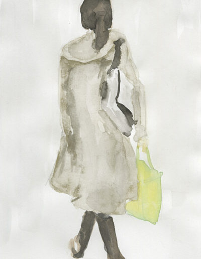 Aquarelle représentant une femme de dos avec un long manteau et un sac vert. Artiste, Martes Martes. Lieu, Berne.