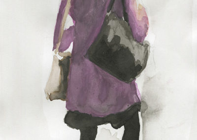 Aquarelle représentant une femme dos avec un manteau violet. Artiste, Martes Martes. Lieu, Berne.