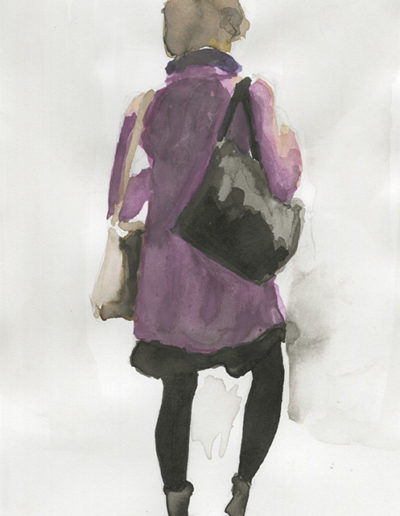 Aquarelle représentant une femme dos avec un manteau violet. Artiste, Martes Martes. Lieu, Berne.