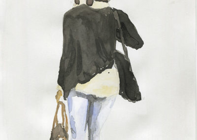 Aquarelle représentant une femme de dos avec un jeans slim et deux sacs. Artiste, Martes Martes. Lieu, Berne.