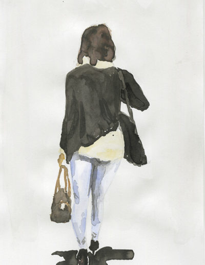 Aquarelle représentant une femme de dos avec un jeans slim et deux sacs. Artiste, Martes Martes. Lieu, Berne.