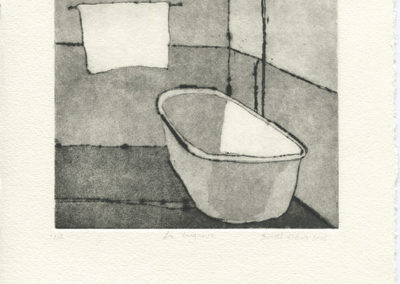 Aquatinte représentant une baignoire, une douche, et un linge de bain. Artiste, Martes Martes. Lieu, Nuremberg.