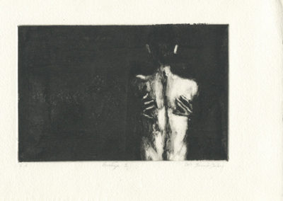 Monotype représentant sur un fond noir, un homme de dos s'enlaçant. Artiste, Martes Martes. Lieu, Nuremberg.