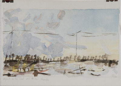 Watercolor representing, in front of a twilit and winter sky, migrants walking on a dune along the electric pole. Artist, Martes Martes. Place, Sion.