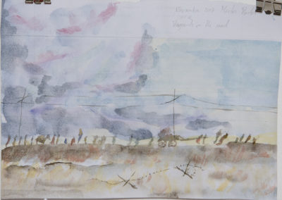 Aquarelle représentant, devant un ciel crépusculaire et hivernal, des migrants qui marchent sur une dune longée de poteau électriques. Artiste, Martes Martes. Lieu, Sion.