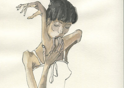 Aquarelle représentant une femme qui embrasse son bras. Artiste, Martes Martes. Lieu, Nuremberg.