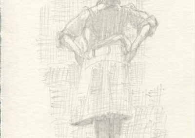 Croquis au crayon représentant une jeune fille de dos. Artiste, Martes Martes. Lieu, Nuremberg.