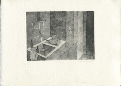 Aquatinte représentant un lavabo rempli de vaisselle. Artiste, Martes Martes. Lieu, Nuremberg.