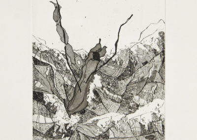 Aquatinte représentant un bateau imaginaire pris dans une tempête remplie de motifs géométriques. Artiste, Martes Martes. Lieu, Nuremberg. . Etching, aquartint. Martes Martes.