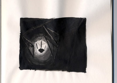 Lavis représentant une lampe et sa potence dans la nuit. Martes Martes. Lieu, Sierre.