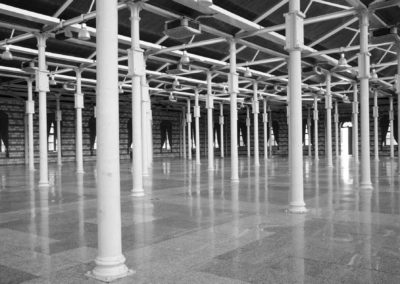 Photo noir et blanc représentant une grande salle vide remplie de poteaux blancs. Artiste, Martes Martes. Lieu, Istanbul.