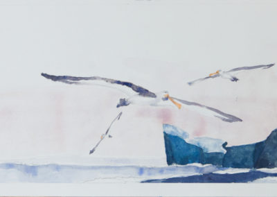 In a sunset, three albatrosses fly close to an iceberg.